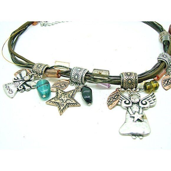 Beaded Silver Copper Rhinestone Leather Rope Necklace Angel Stars Hearts 9" - Picture 5 of 8